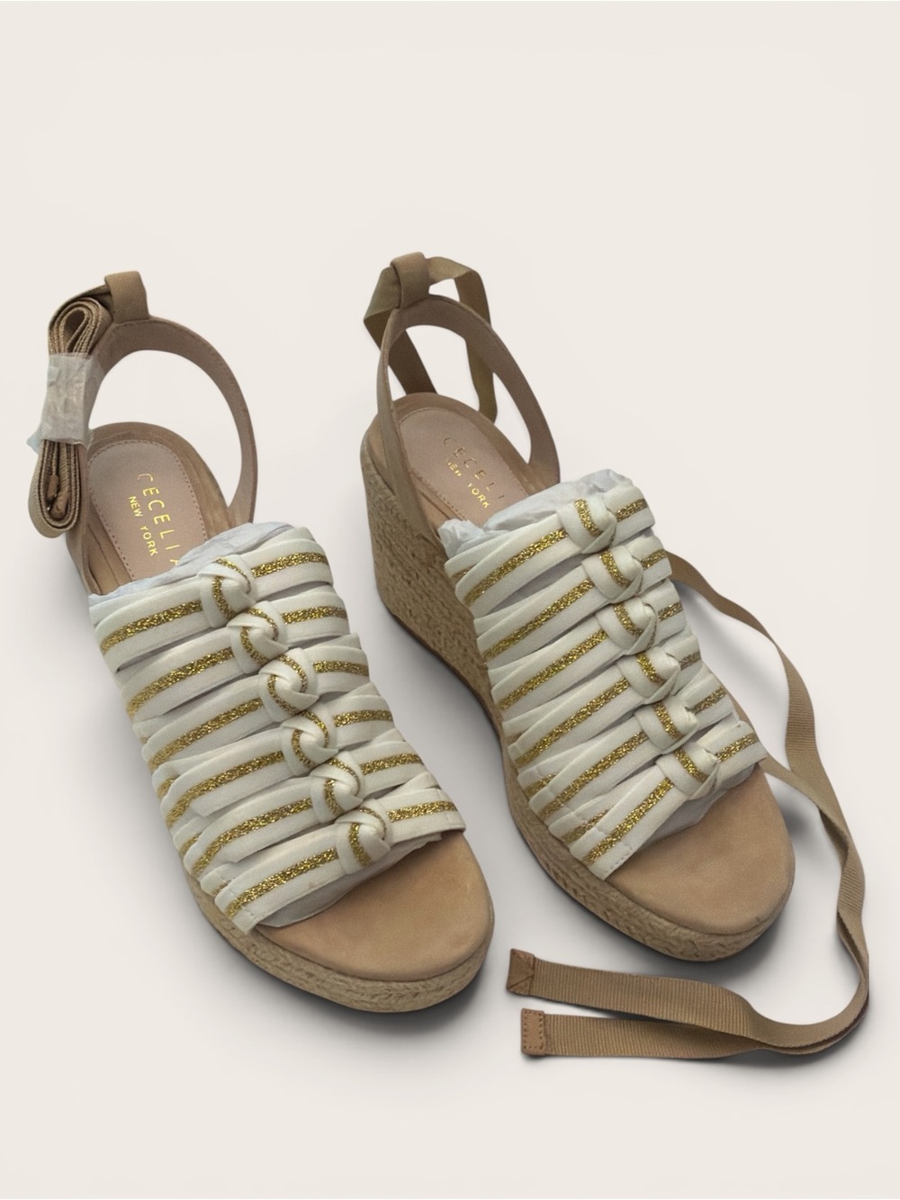 CECELIA NEW YORK White & Gold Braided Espadrille Wedge Sandals